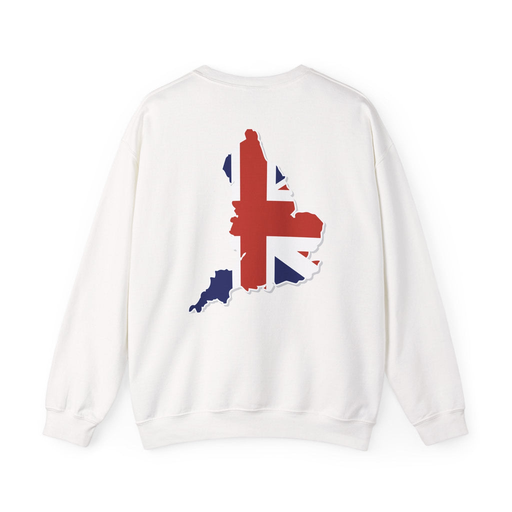 British Flag Sweatshirt — Small Union Jack Chest + UK Map Back Crewneck Printify