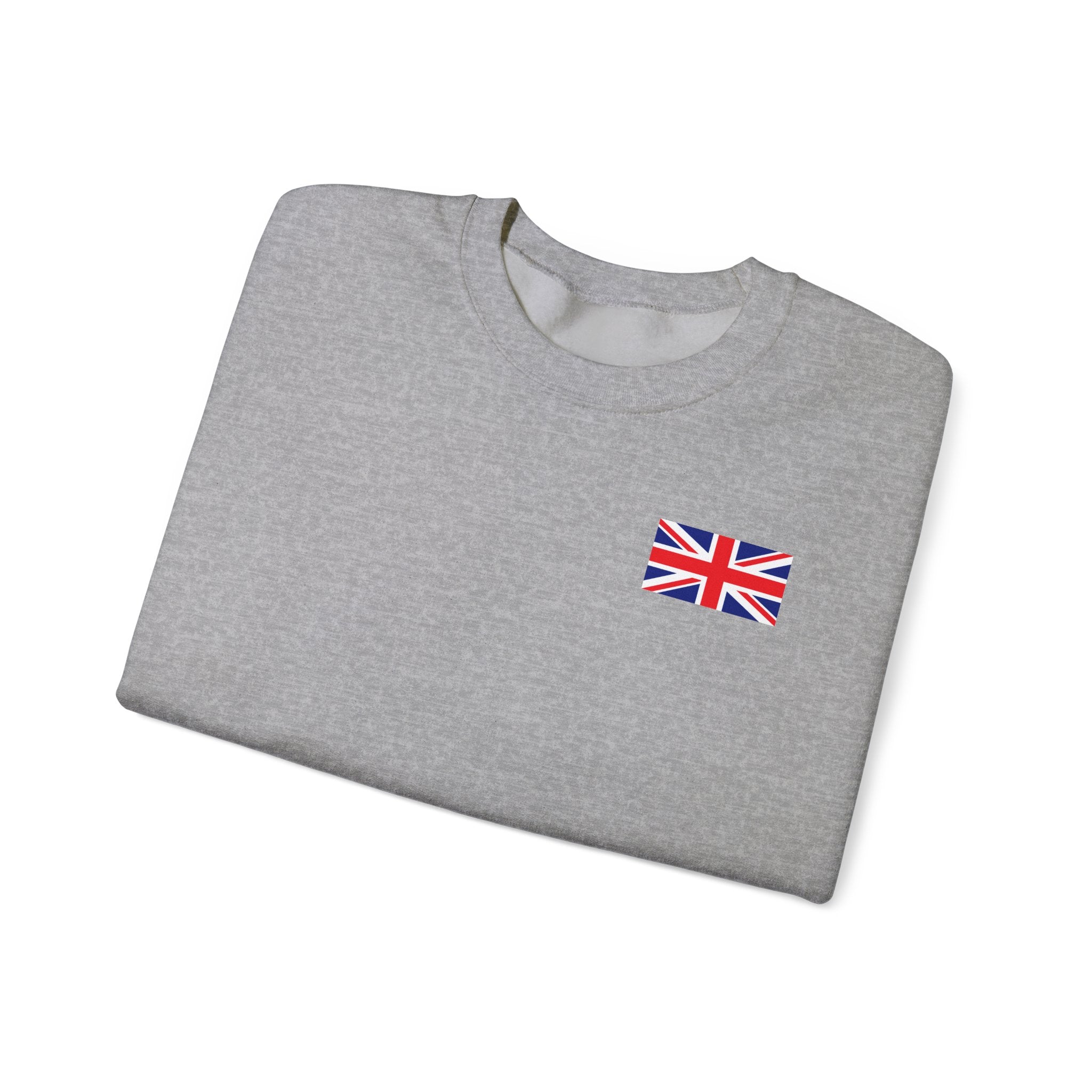 British Flag Sweatshirt — Small Union Jack Chest + UK Map Back Crewneck Printify