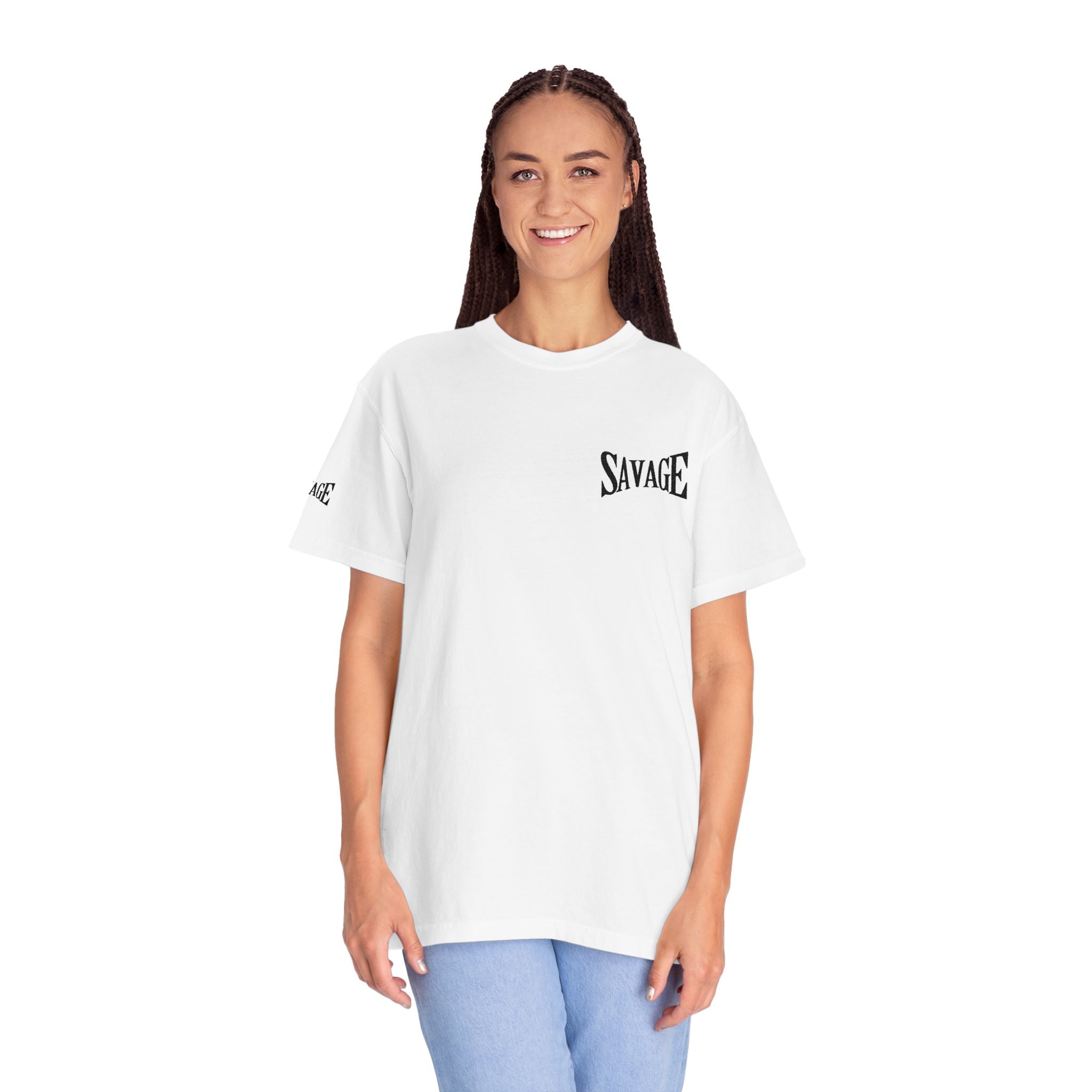 Savage Minimalist Graphic T-Shirt — Small Chest & Sleeve Logo Printify