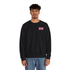 British Flag Sweatshirt — Small Union Jack Chest + UK Map Back Crewneck Printify