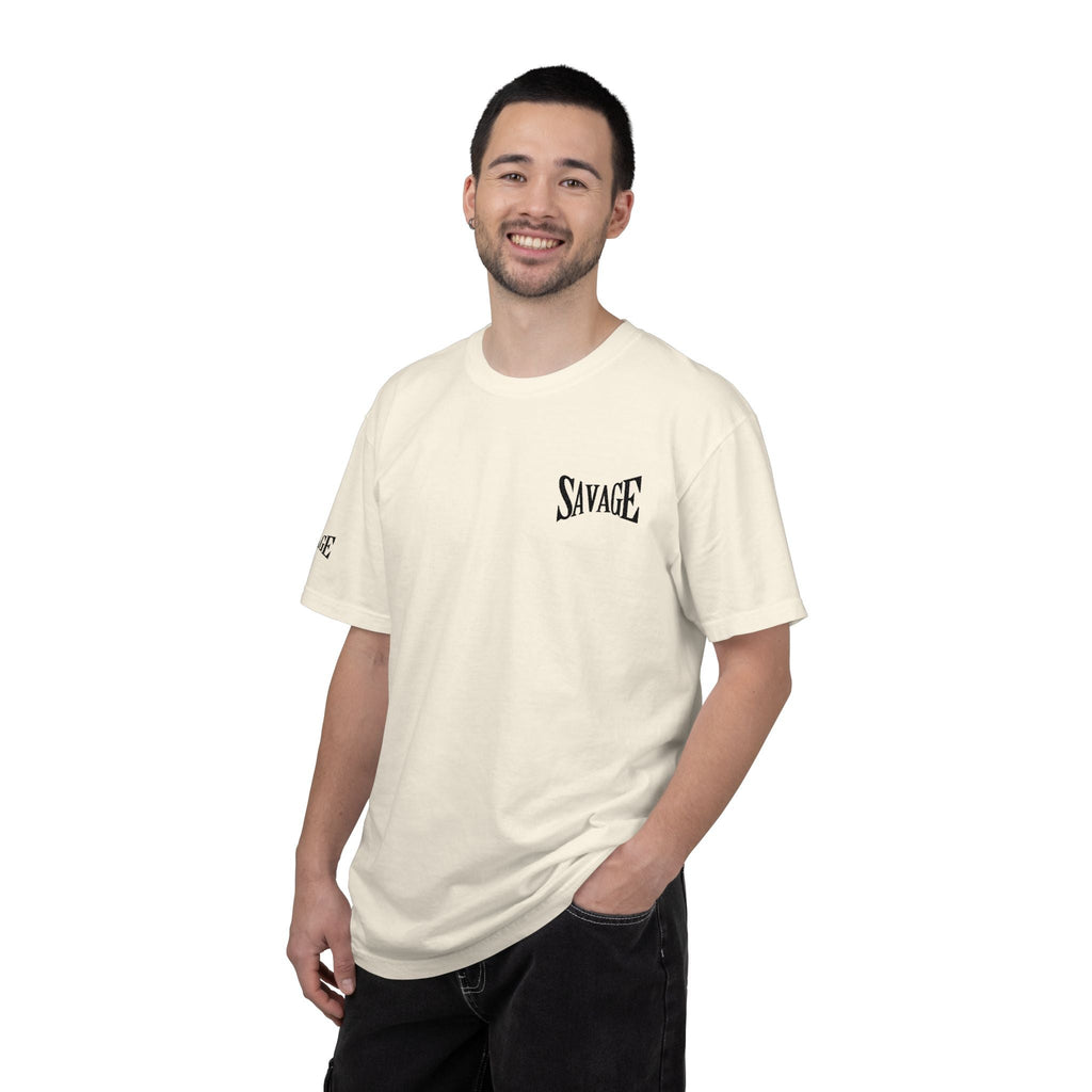 Savage Minimalist Graphic T-Shirt — Small Chest & Sleeve Logo Printify