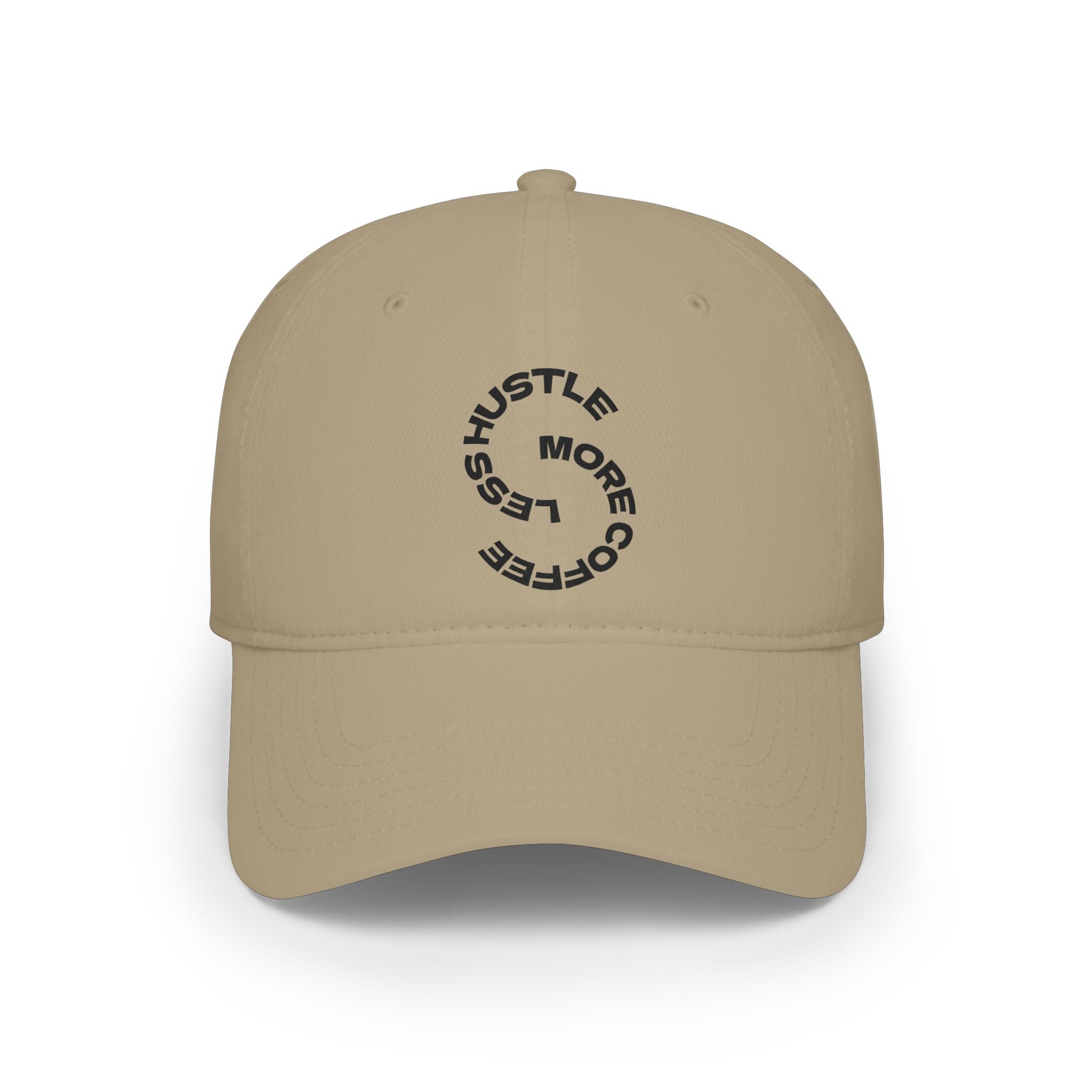 Hustle More, Coffee Less Baseball Cap — Low Profile Dad Hat Printify