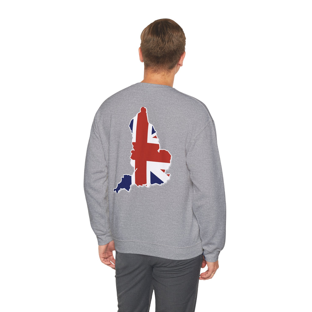 British Flag Sweatshirt — Small Union Jack Chest + UK Map Back Crewneck Printify