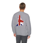 British Flag Sweatshirt — Small Union Jack Chest + UK Map Back Crewneck Printify