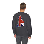British Flag Sweatshirt — Small Union Jack Chest + UK Map Back Crewneck Printify
