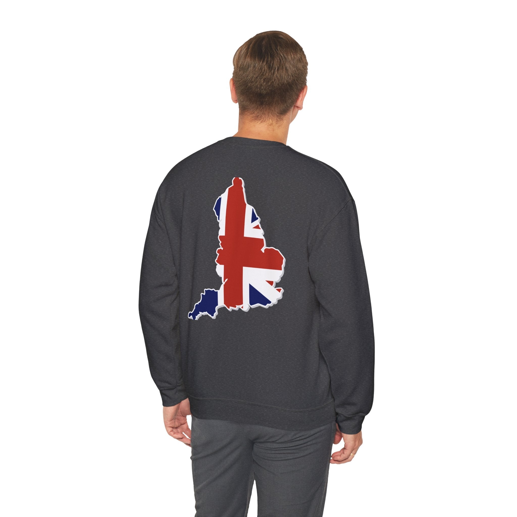 British Flag Sweatshirt — Small Union Jack Chest + UK Map Back Crewneck Printify
