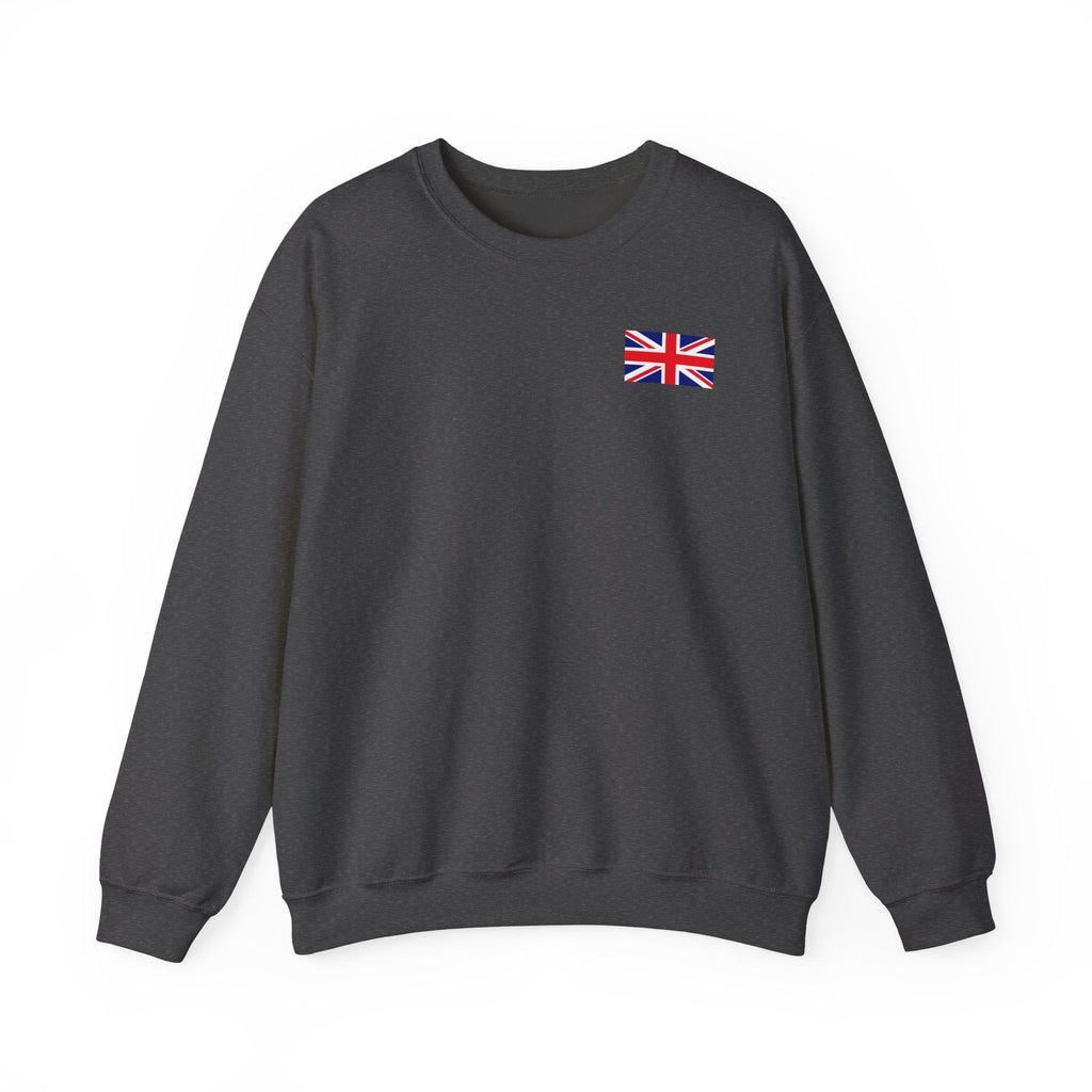 British Flag Sweatshirt — Small Union Jack Chest + UK Map Back Crewneck Printify
