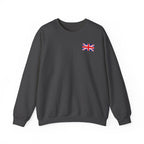 British Flag Sweatshirt — Small Union Jack Chest + UK Map Back Crewneck Printify