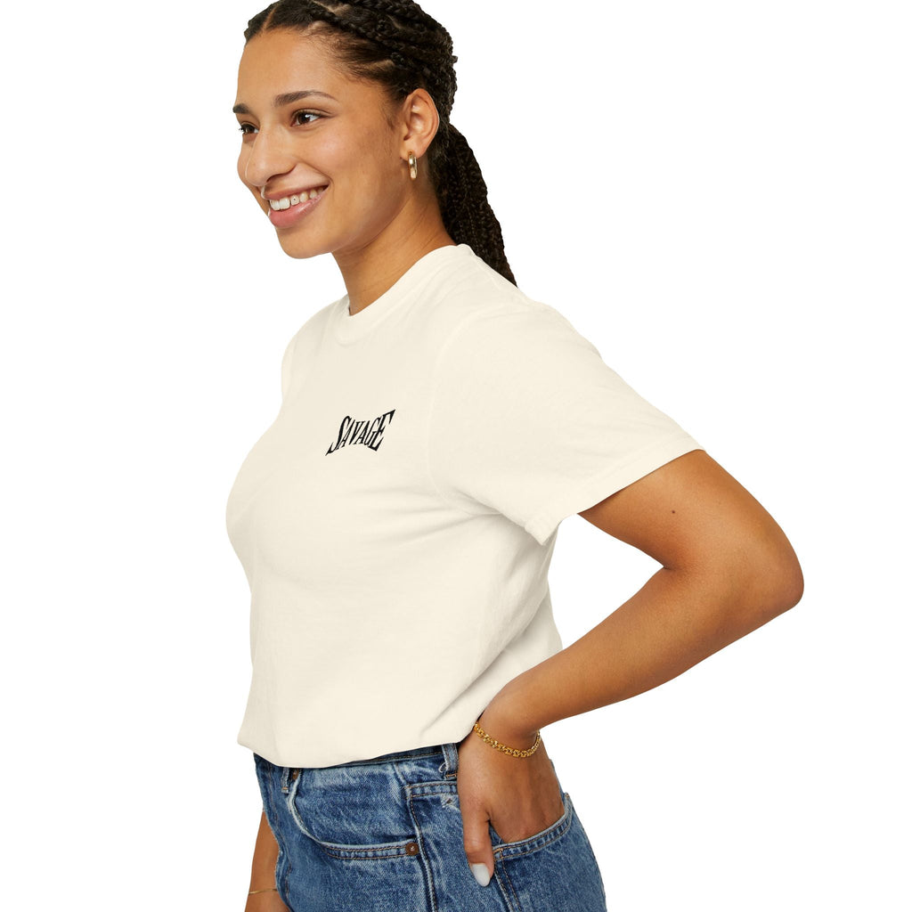Savage Minimalist Graphic T-Shirt — Small Chest & Sleeve Logo Printify