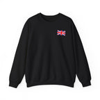 British Flag Sweatshirt — Small Union Jack Chest + UK Map Back Crewneck Printify