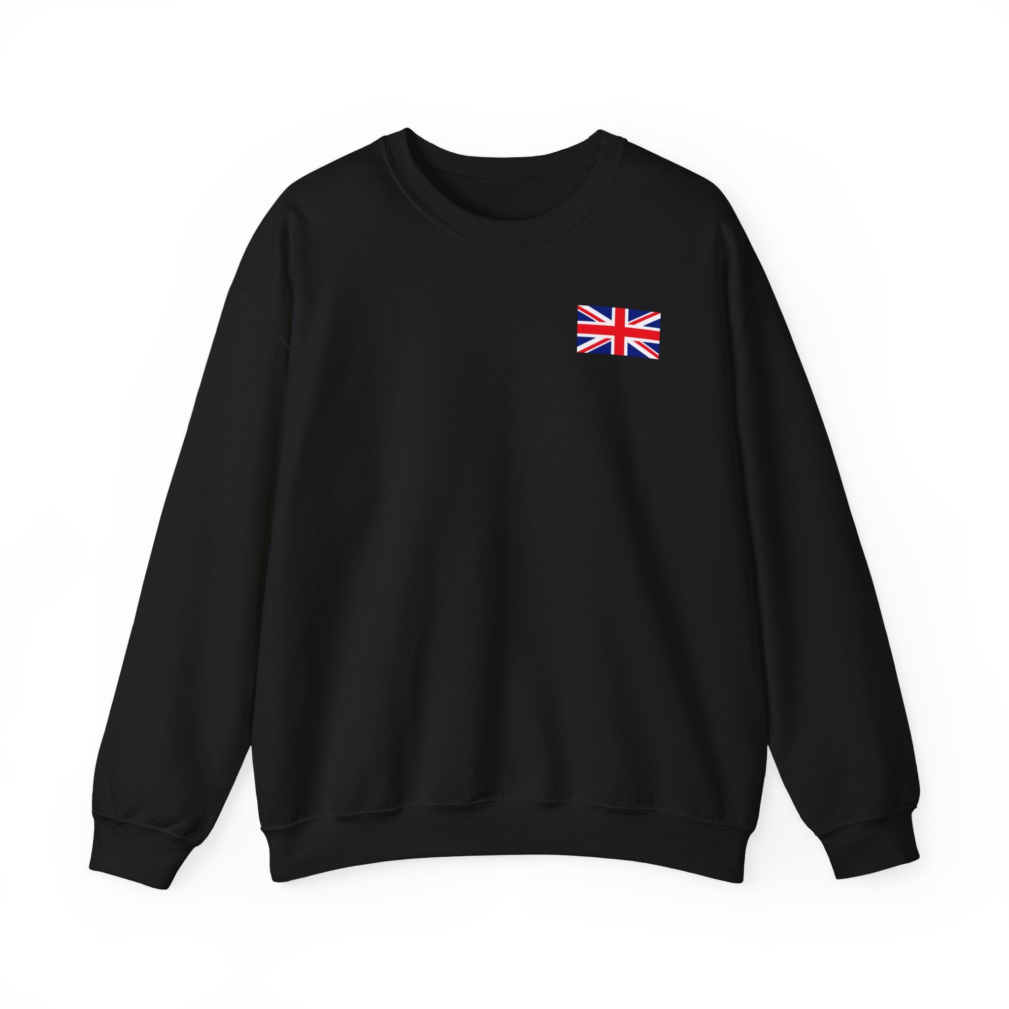 British Flag Sweatshirt — Small Union Jack Chest + UK Map Back Crewneck Printify