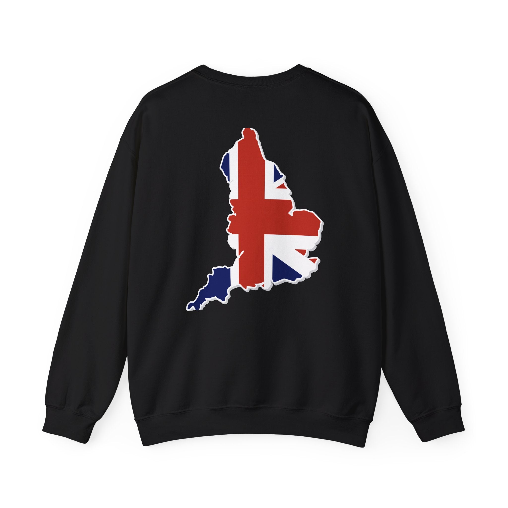 British Flag Sweatshirt — Small Union Jack Chest + UK Map Back Crewneck Printify