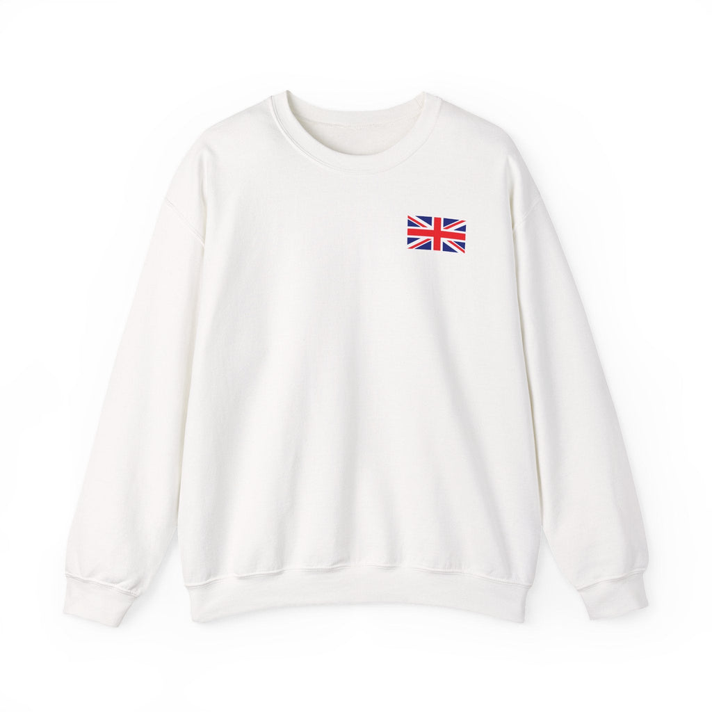 British Flag Sweatshirt — Small Union Jack Chest + UK Map Back Crewneck Printify