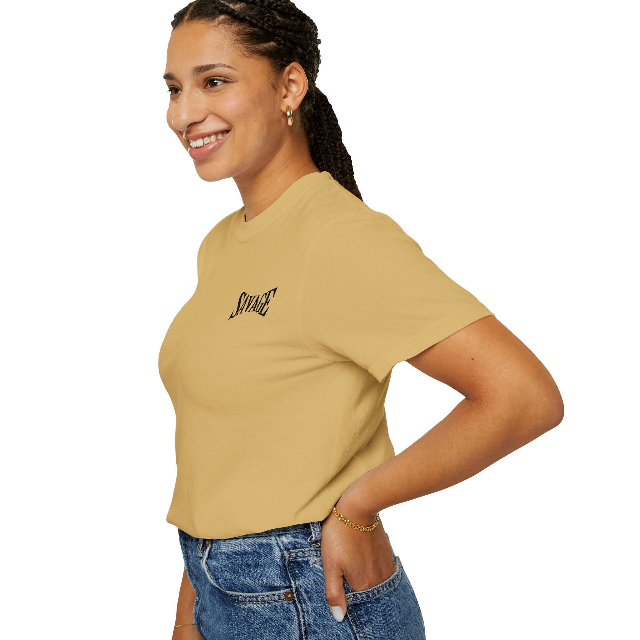 Savage Minimalist Graphic T-Shirt — Small Chest & Sleeve Logo Printify