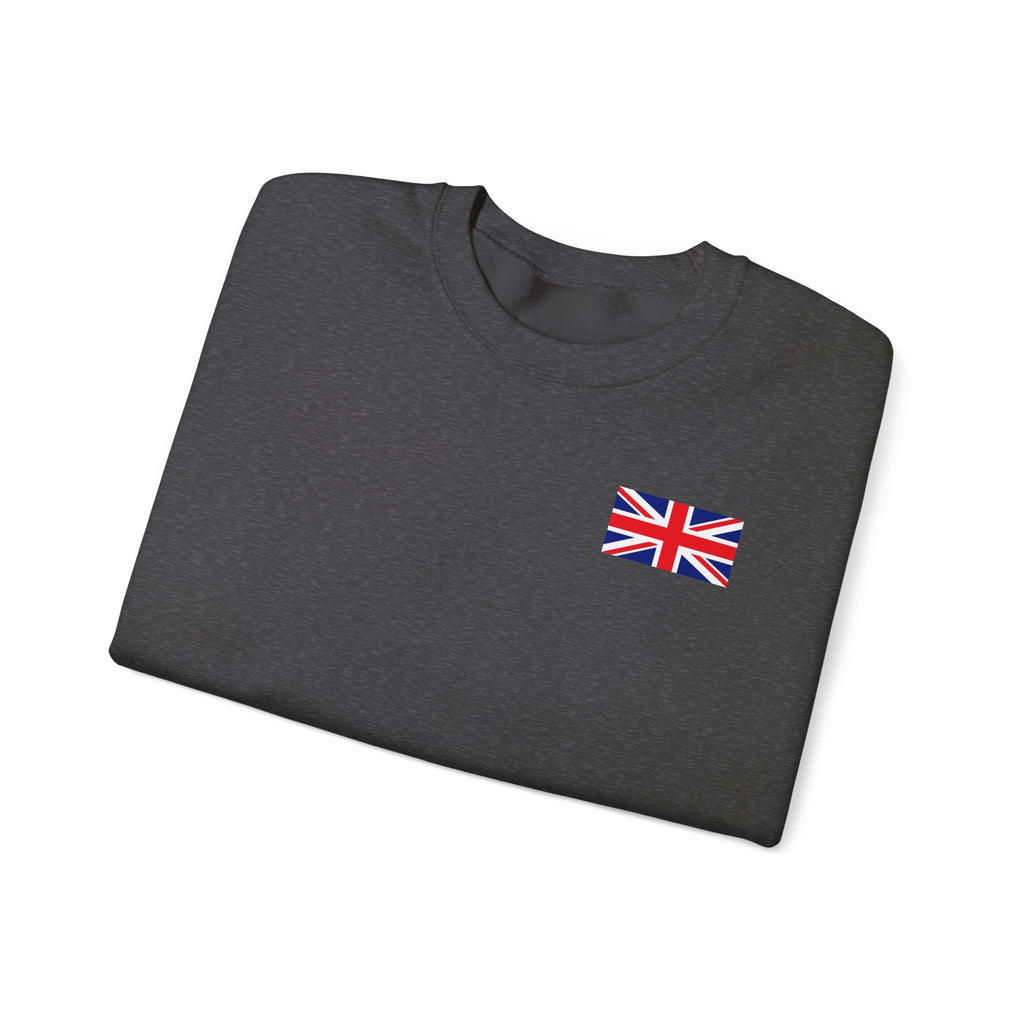 British Flag Sweatshirt — Small Union Jack Chest + UK Map Back Crewneck Printify