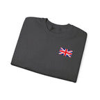 British Flag Sweatshirt — Small Union Jack Chest + UK Map Back Crewneck Printify