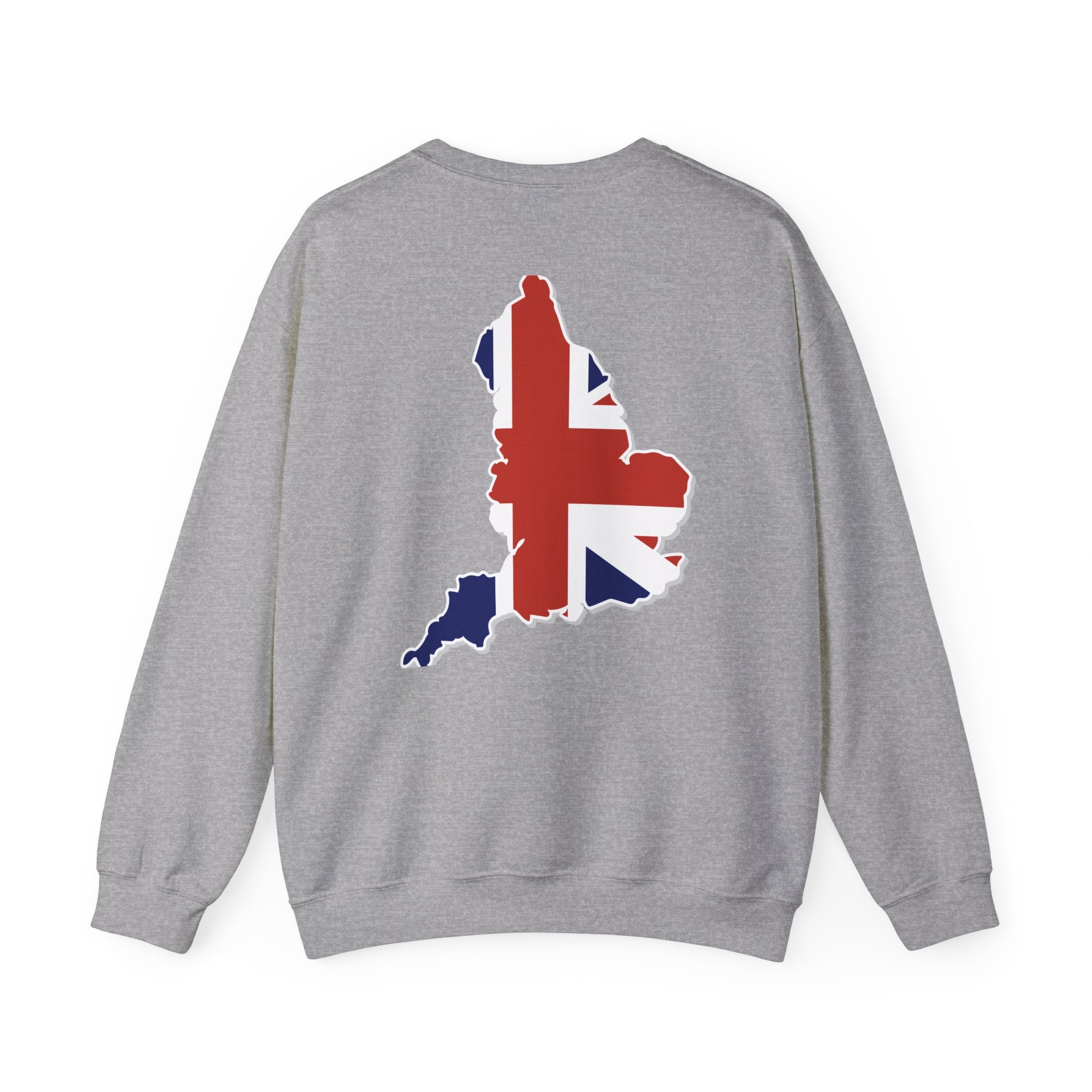 British Flag Sweatshirt — Small Union Jack Chest + UK Map Back Crewneck Printify