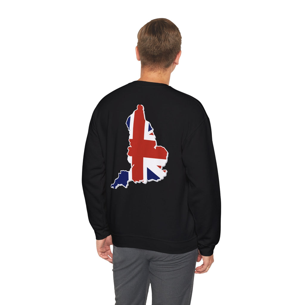 British Flag Sweatshirt — Small Union Jack Chest + UK Map Back Crewneck Printify