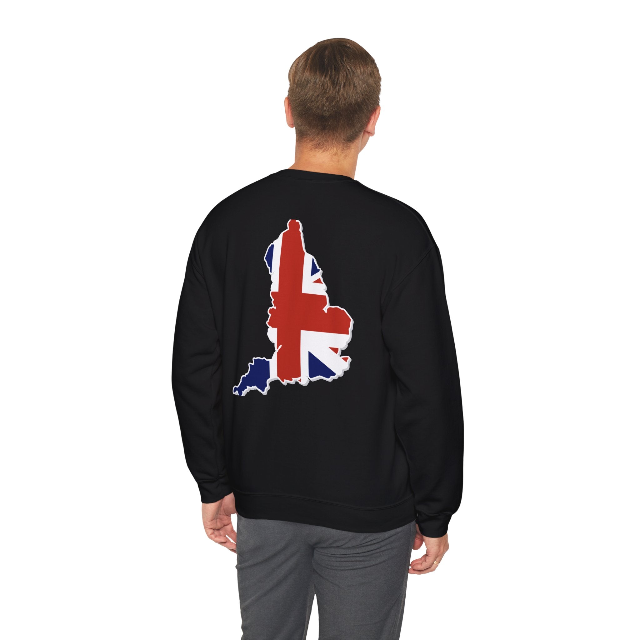 British Flag Sweatshirt — Small Union Jack Chest + UK Map Back Crewneck Printify