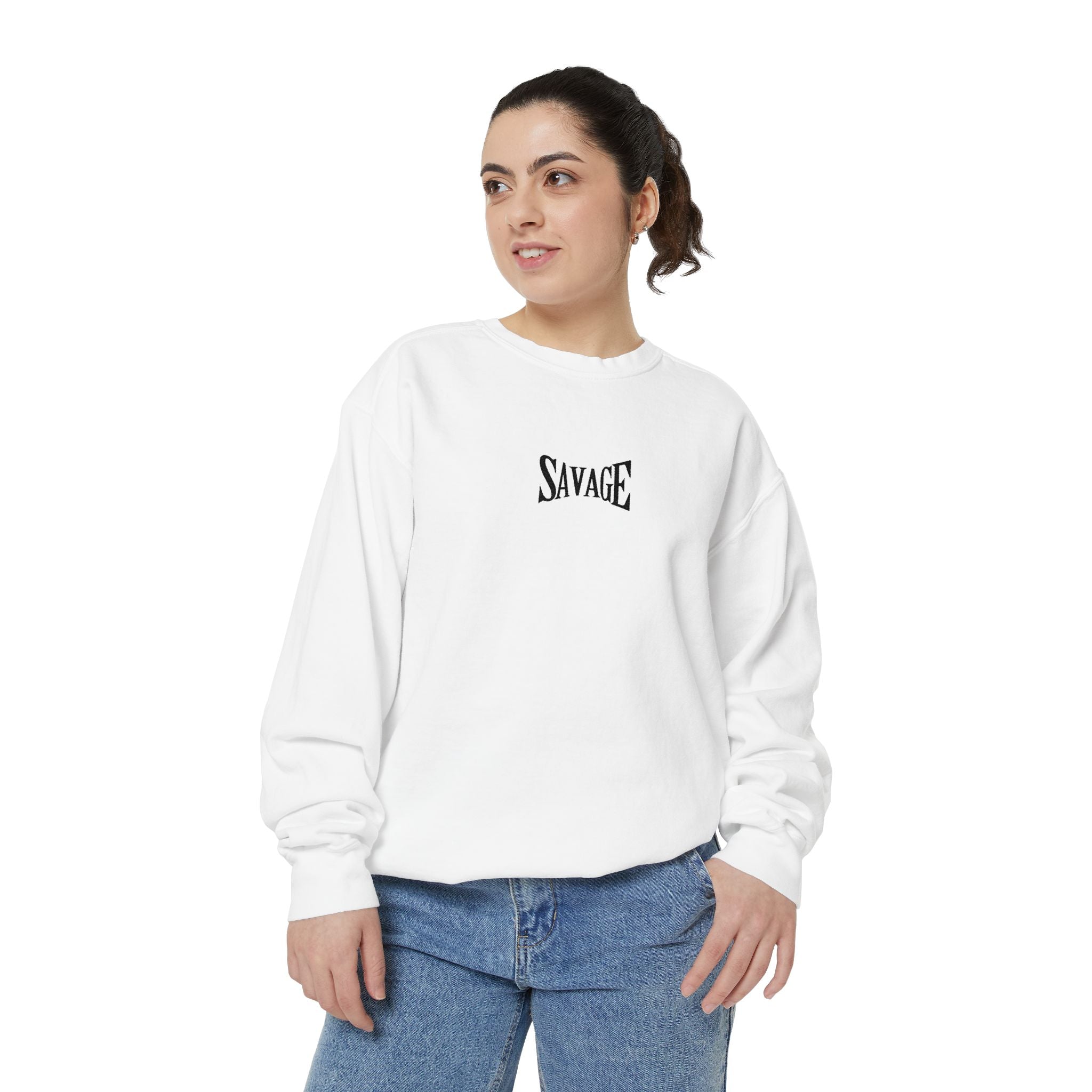Savage Graphic Sweatshirt — Minimal Chest Logo Crewneck Printify