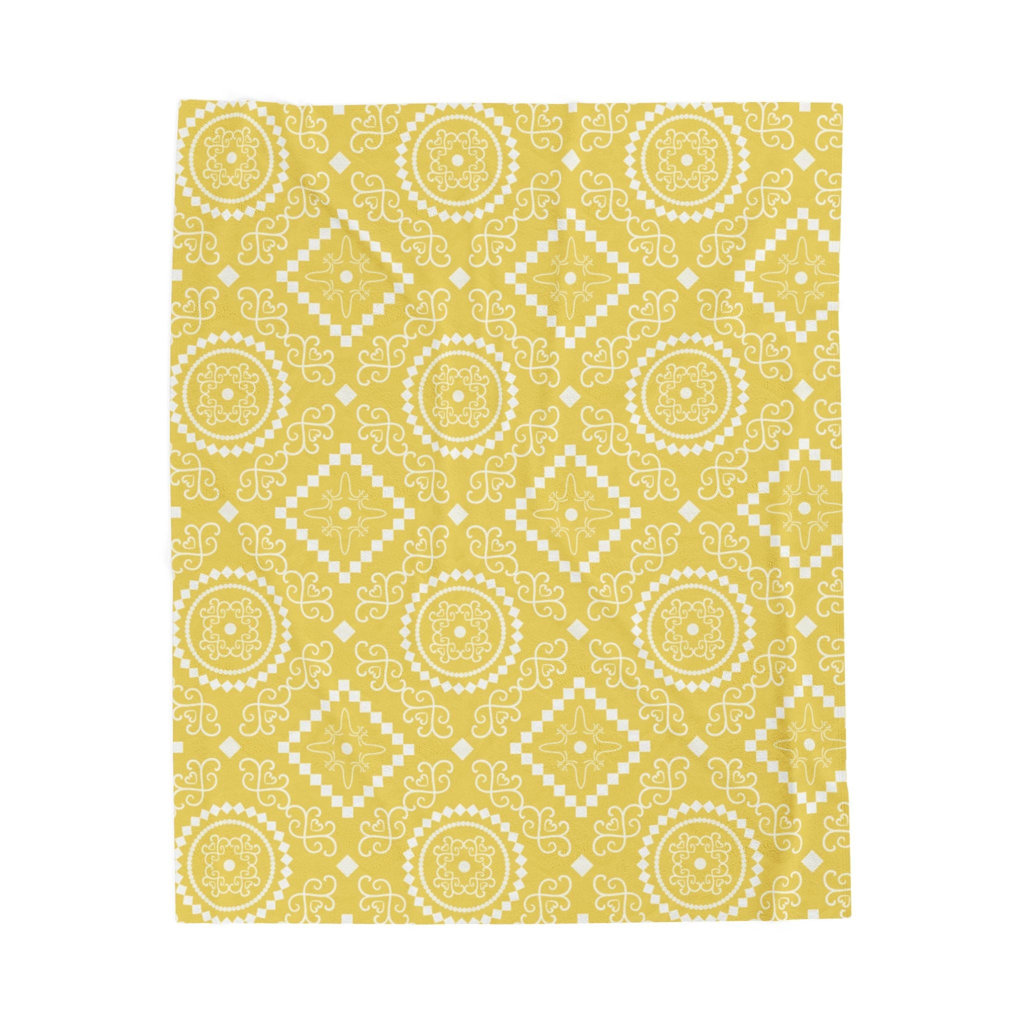 Yellow Boho Medallion Velveteen Plush Blanket — Soft Decorative Throw for Living Room & Bedroom Printify