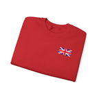 British Flag Sweatshirt — Small Union Jack Chest + UK Map Back Crewneck Printify