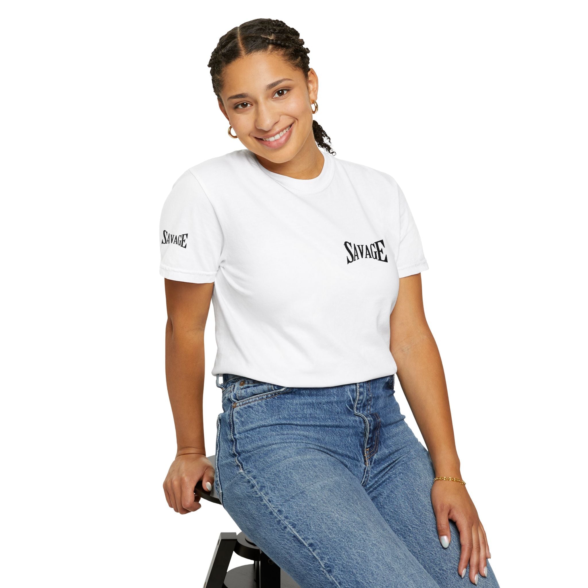 Savage Minimalist Graphic T-Shirt — Small Chest & Sleeve Logo Printify