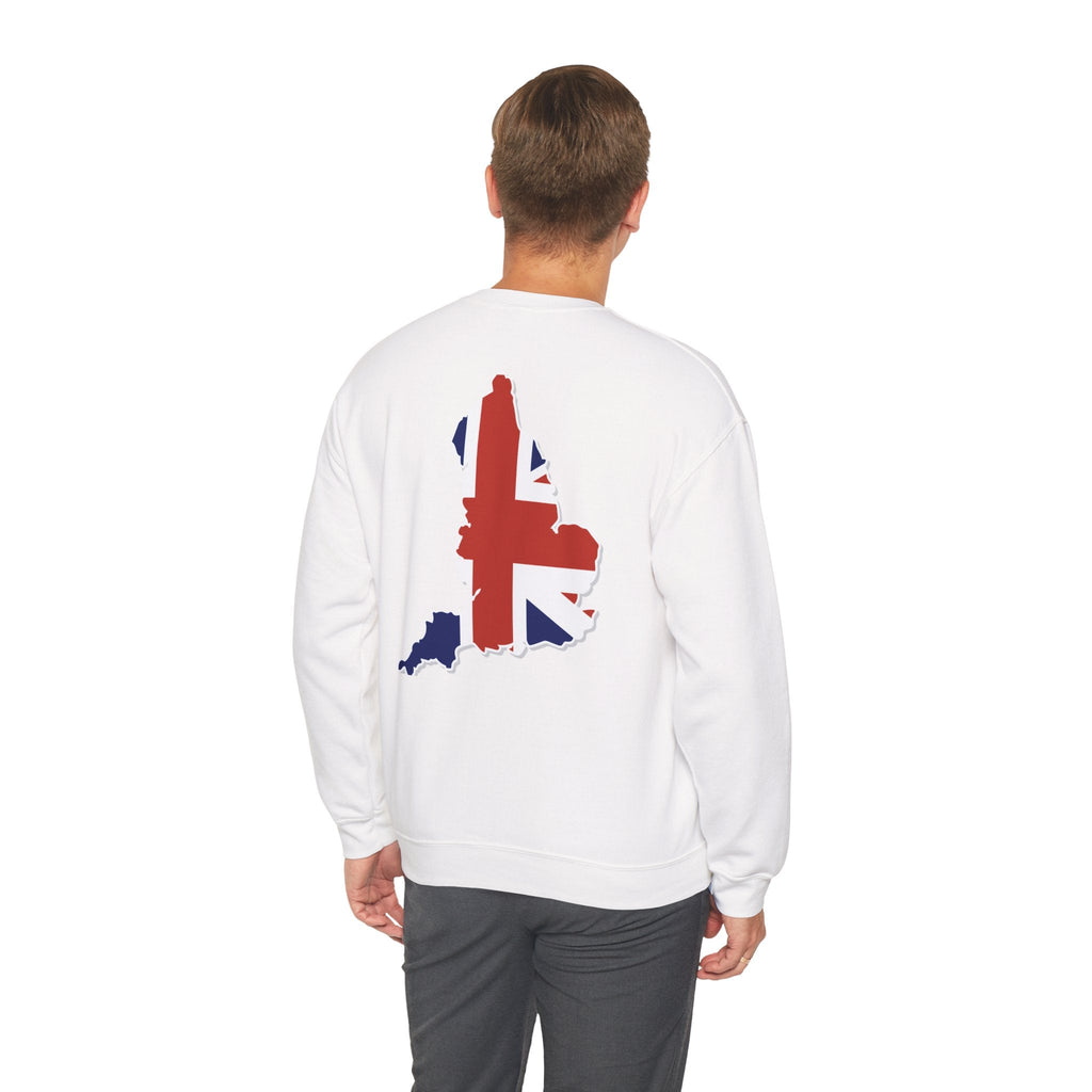 British Flag Sweatshirt — Small Union Jack Chest + UK Map Back Crewneck Printify