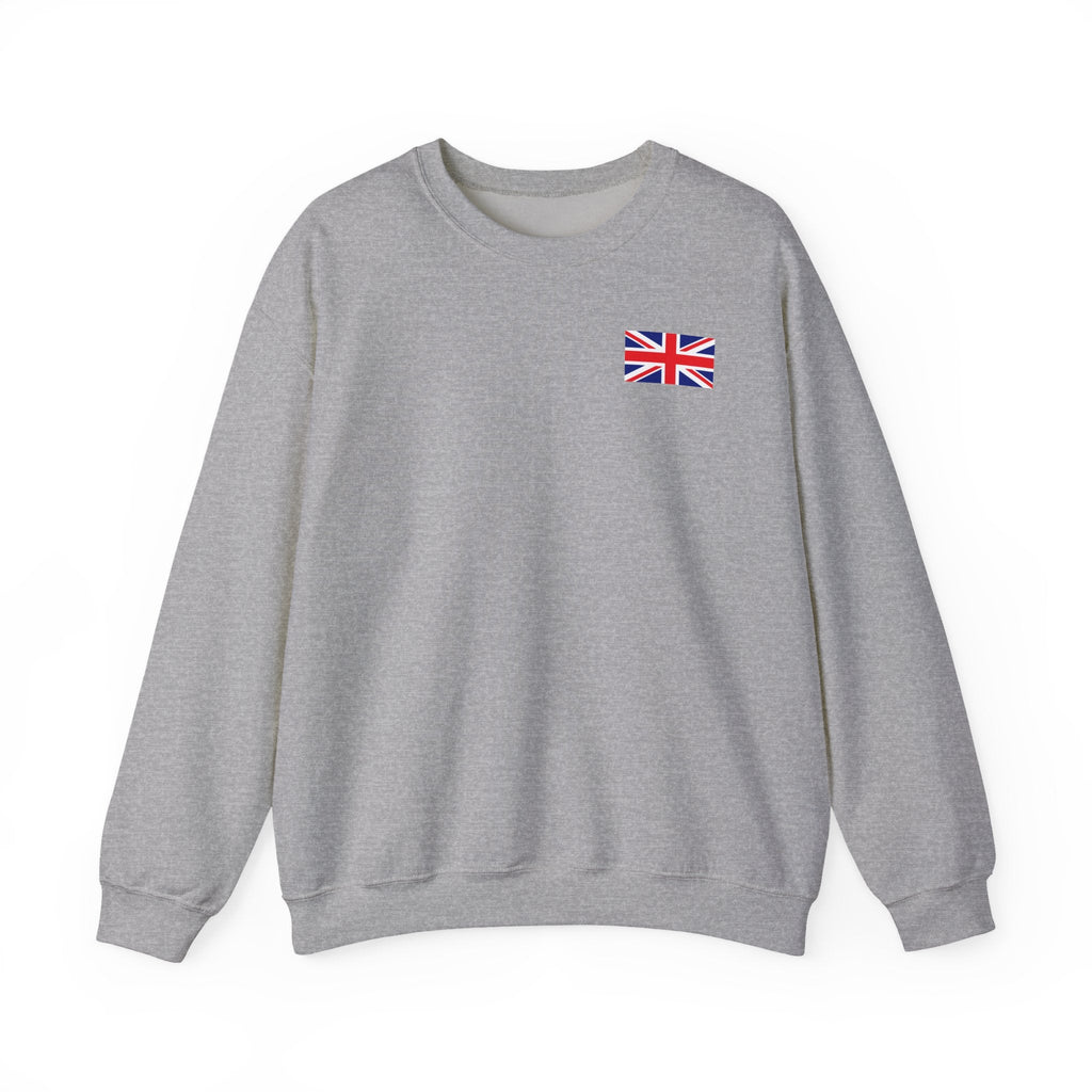 British Flag Sweatshirt — Small Union Jack Chest + UK Map Back Crewneck Printify