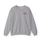 British Flag Sweatshirt — Small Union Jack Chest + UK Map Back Crewneck Printify