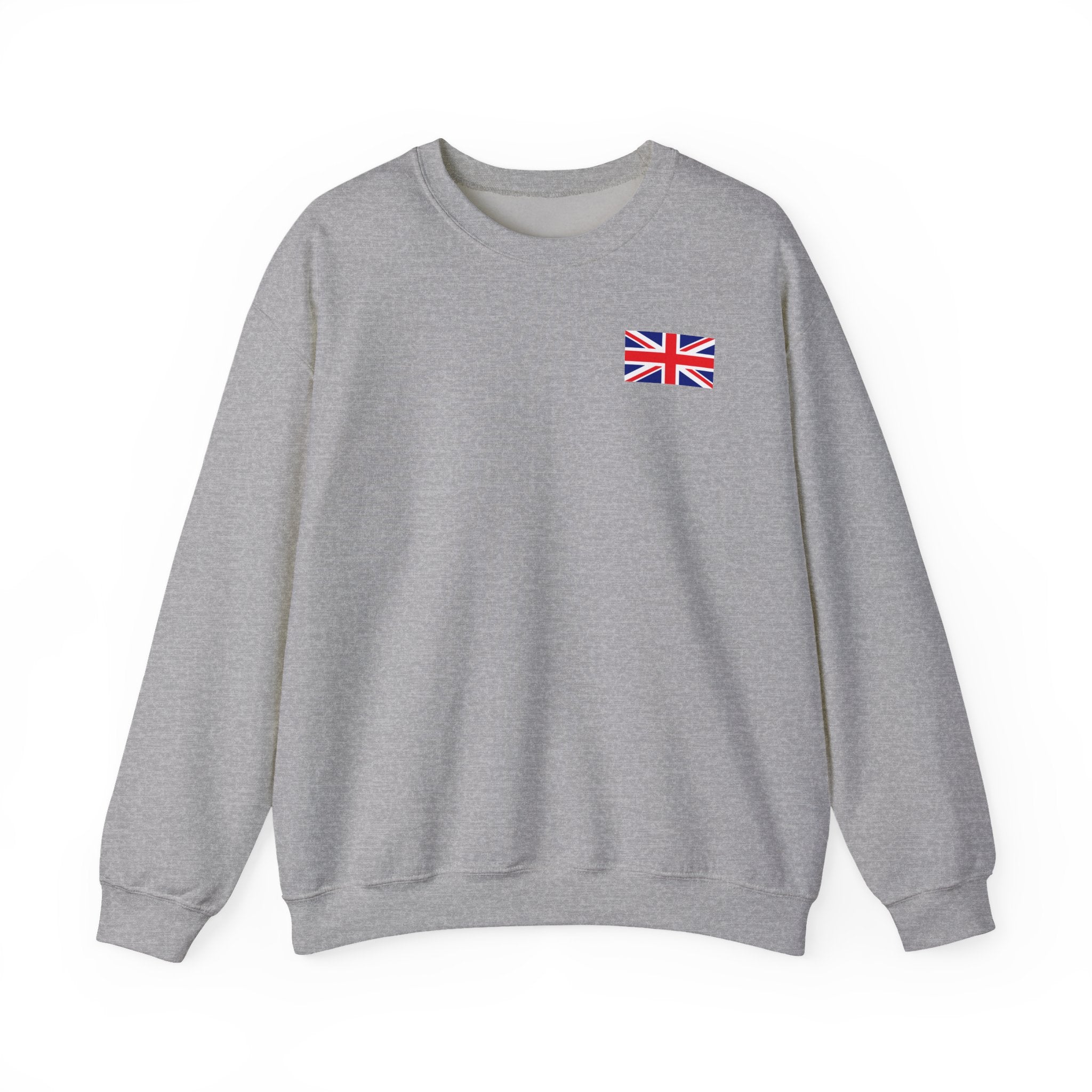 British Flag Sweatshirt — Small Union Jack Chest + UK Map Back Crewneck Printify