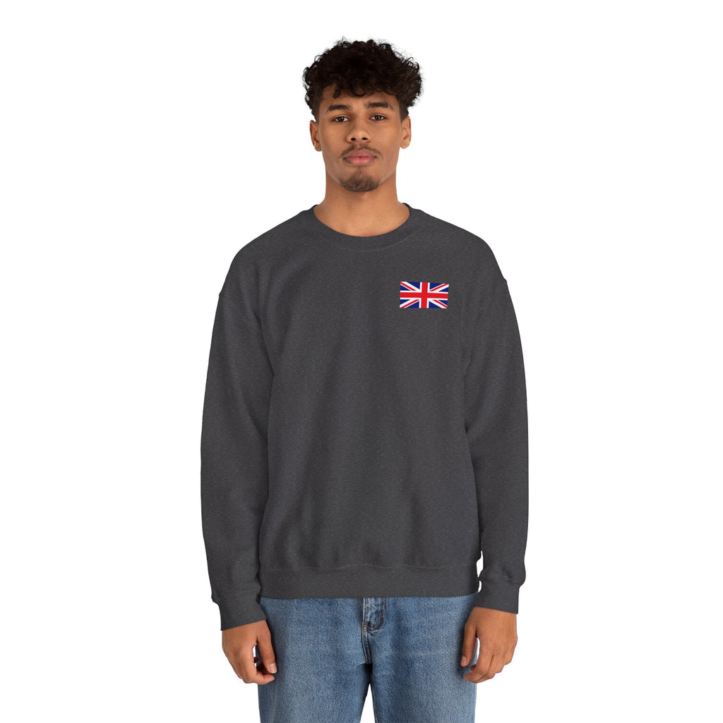 British Flag Sweatshirt — Small Union Jack Chest + UK Map Back Crewneck Printify