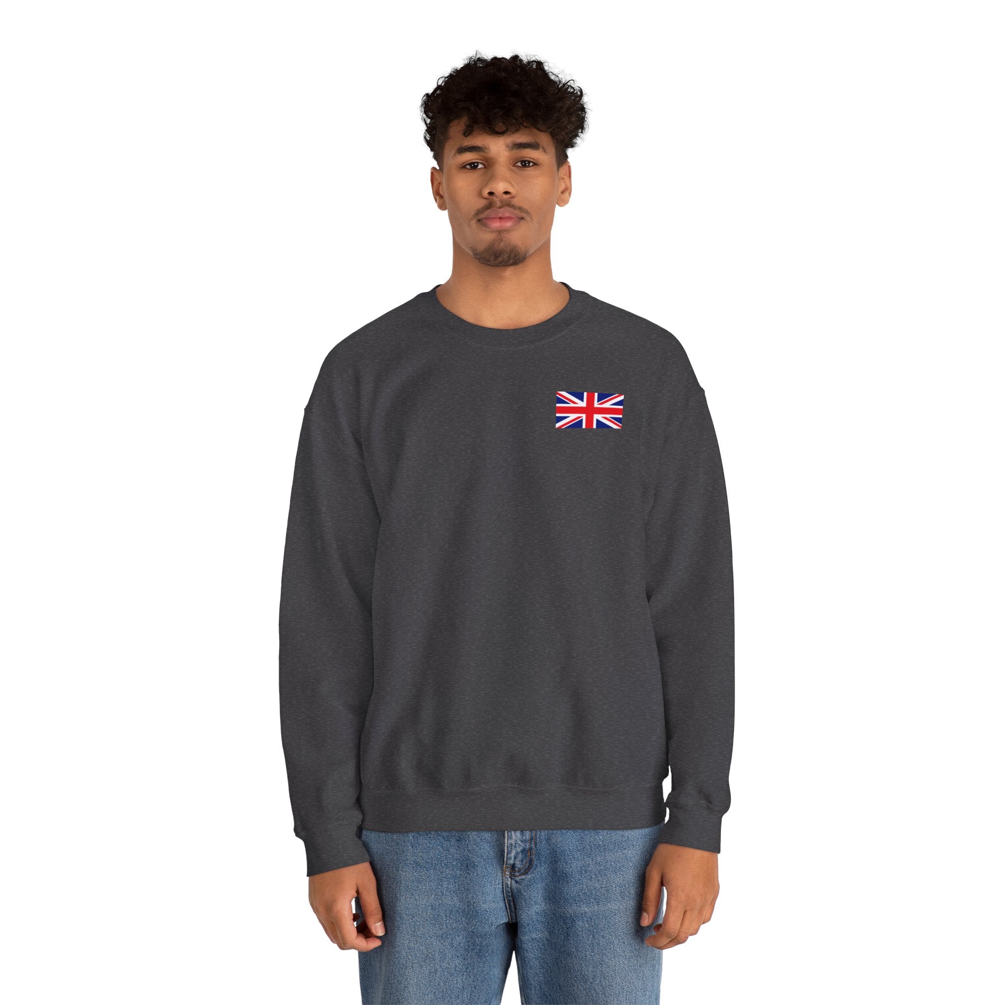 British Flag Sweatshirt — Small Union Jack Chest + UK Map Back Crewneck Printify