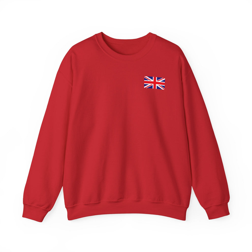 British Flag Sweatshirt — Small Union Jack Chest + UK Map Back Crewneck Printify