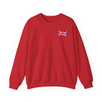 British Flag Sweatshirt — Small Union Jack Chest + UK Map Back Crewneck Printify
