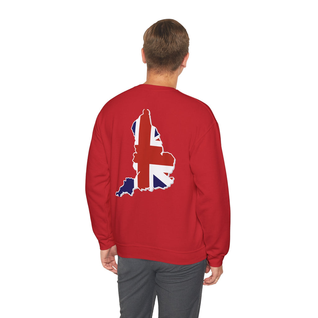 British Flag Sweatshirt — Small Union Jack Chest + UK Map Back Crewneck Printify