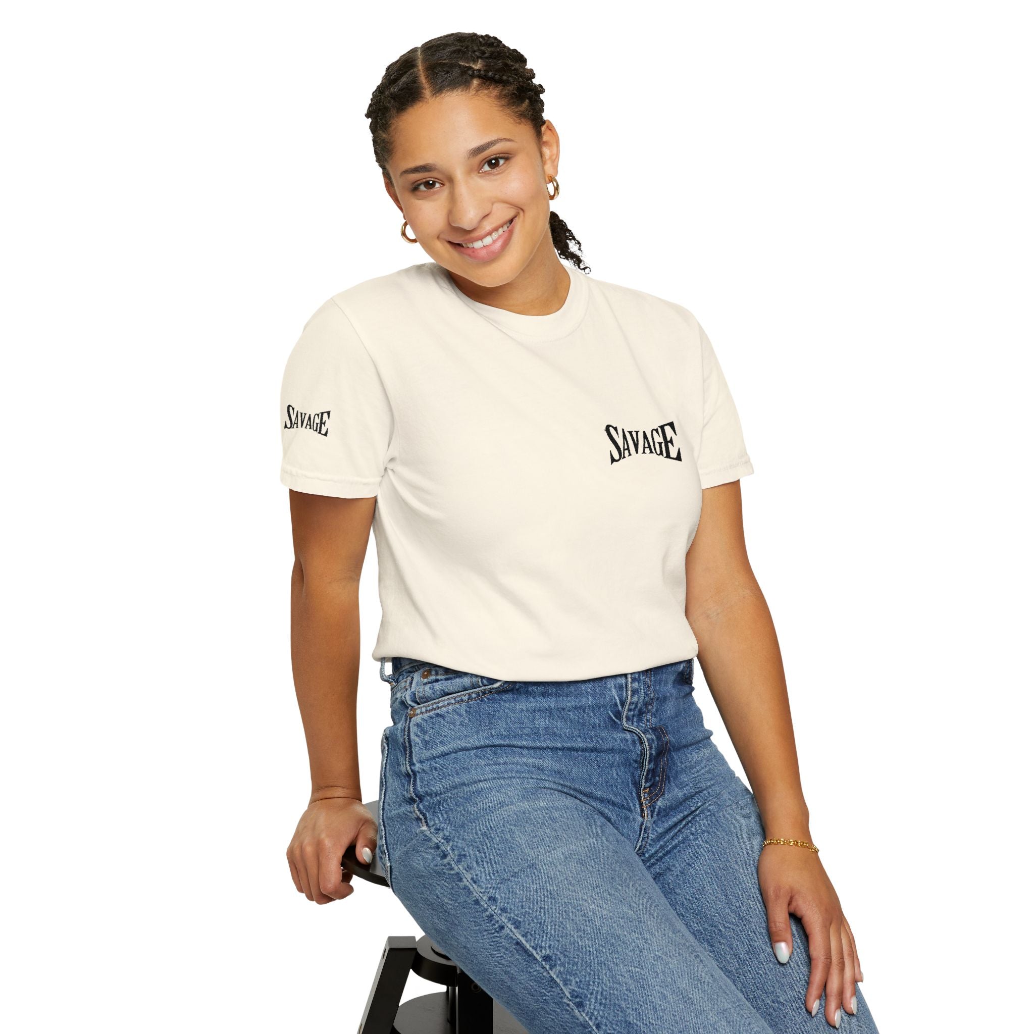 Savage Minimalist Graphic T-Shirt — Small Chest & Sleeve Logo Printify