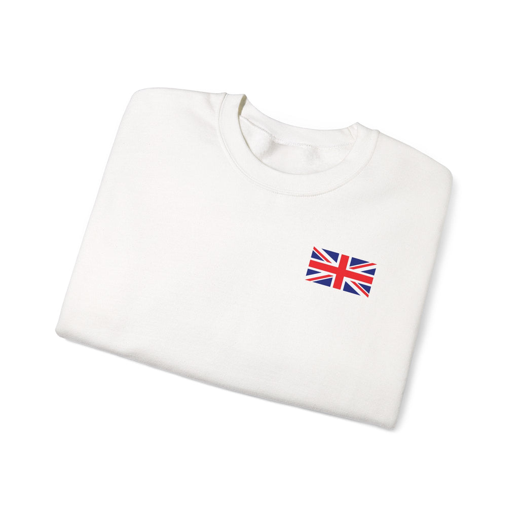 British Flag Sweatshirt — Small Union Jack Chest + UK Map Back Crewneck Printify