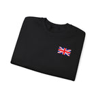 British Flag Sweatshirt — Small Union Jack Chest + UK Map Back Crewneck Printify